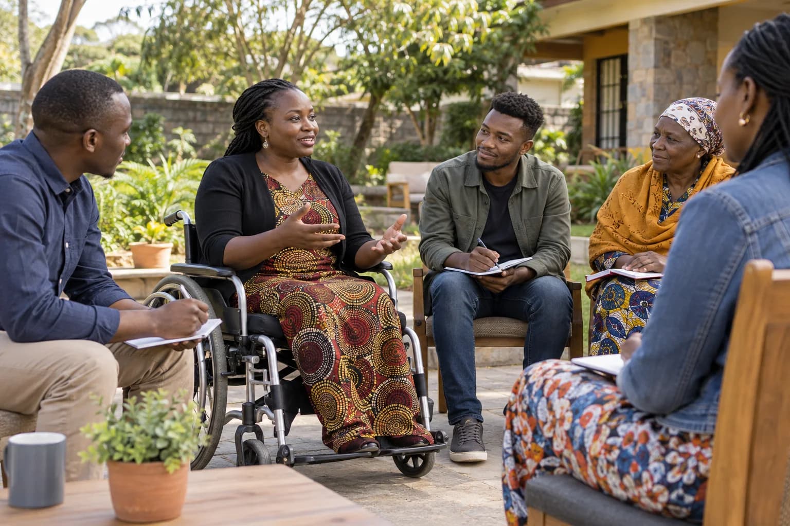 AI-generated scene of a woman using a wheelchair contributing to a community discussion in a courtyard